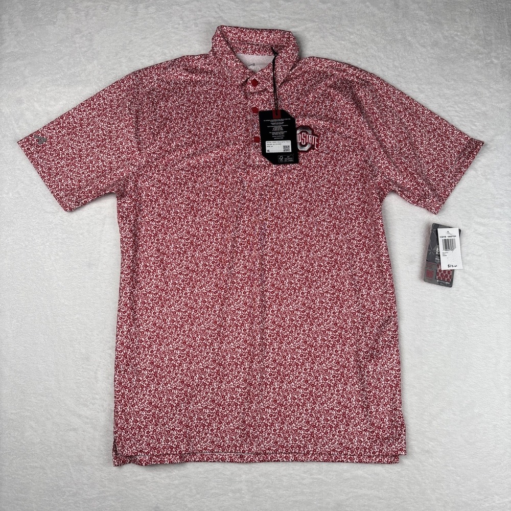 Antigua Ohio State Buckeyes Mens Field Ditsy Short Sleeve Polo Red Size Small
